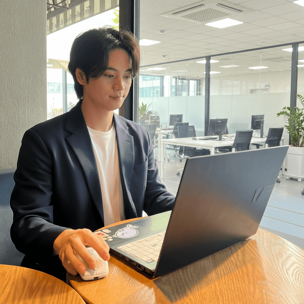 Credentials – founder working at laptop